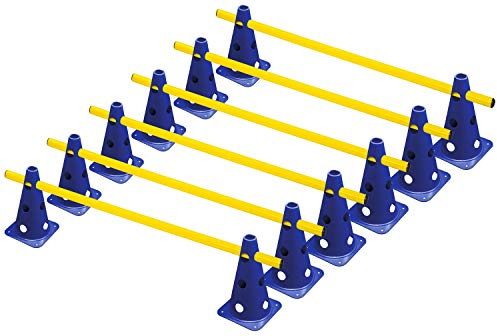 RHINOS sports Steckhürdenset 6er | 12 Blaue Kegel: 22,5cm | 6 gelbe Stangen: 1m