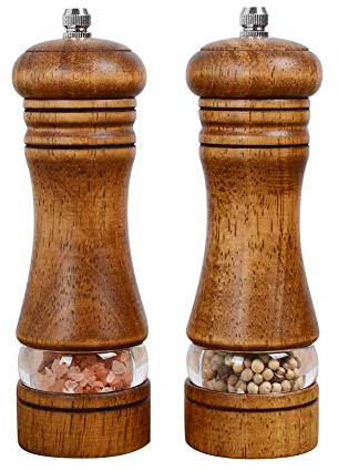 Haomacro Manual Pepper and Salt Mill, Wooden Adjustable Pepper Grinder Spice Shaker for Professional and Home Kitchen Use, Set of 2 Spice Grinders, 6.5 inches in Height
