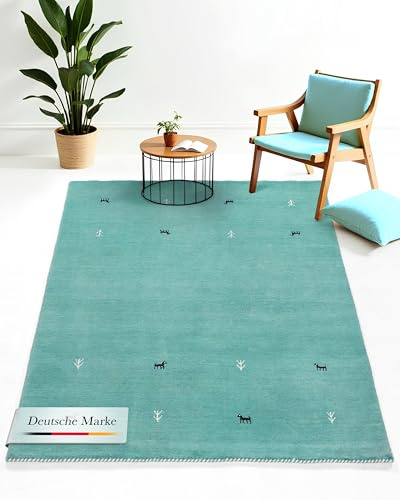 carpetfine Wollteppich Gabbeh Uni Türkis 80x150 cm | Moderner Teppich für Wohn- und Schlafzimmer