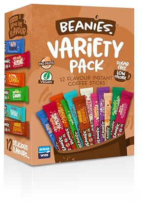 Beanies Mixed Flavoured Instant Coffee 12 Sachets with 12 Different Flavours in a variety pack, Freeze-Dried Granules, Premium Taste, Nut-Free, Rich in Flavour, Low-Calorie, Gluten-Free, Vegan