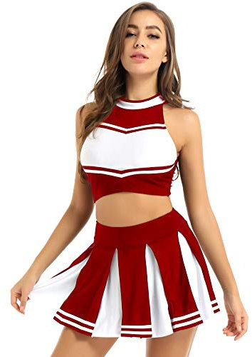 Hedmy Damen Cheerleading Cosplay Uniform Ärmellos Bauchfrei Oberteil mit Mini Faltenrock Halloween Fasching Karneval Verkleidung Rot L