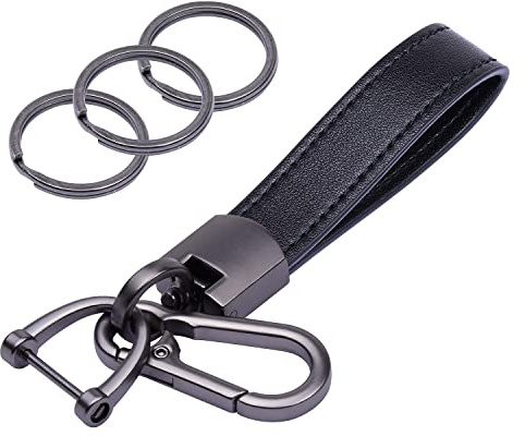wisdompro Genuine Leather Car Keychain, Universal Key Fob Keychain Leather Key Chain Holder, 360 Degree Rotatable, with Anti-lost D-ring, 3 Keyrings - Black (Carabiner Clip),5 inches