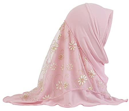 TINAYAUE Little Girl Muslim Hijab Islamic Headscarf Full Cover Turban One Piece Prayer Head Scarf with Stitching Floral Lace Mesh Anti-UV Arab Hijab Head Wear for 2-6 Years Old, pink, 50 CM