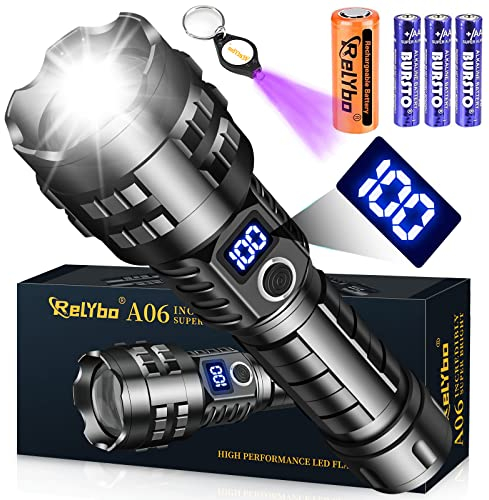 Relybo Taschenlampe Aufladbar, XHP90 450000 Lumen Extrem Hell, Taktische LED-Taschenlampe Batteriebetrieben, USB-Aufladbar, 5 Lichtmodi für Camping, Wandern, Notfälle