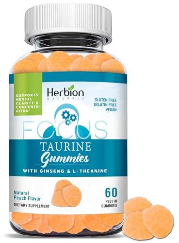 HERBION Naturals Taurine Gummies with Ginseng & L-Theanine, B-Complex (B3,B6,B12) & Vitamin C, Focus & Mental Clarity Support, Peach-Flavoured Pectin Gummies, 60 Count, (Pack of 1)