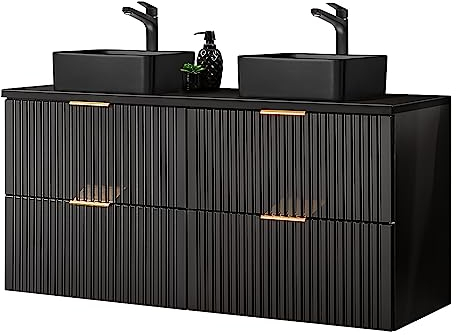 Lomadox Doppelwaschtisch mit 2 schwarzen Aufsatzbecken, matt schwarz gerillt, B/H/T ca. 120,6/72,2/46,5 cm