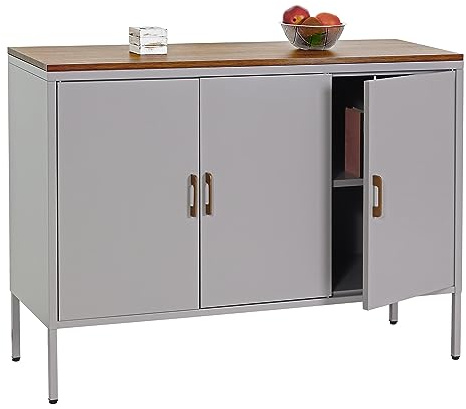 Mendler Kommode HWC-L84, Sideboard Schrank Anrichte, 3 Türen Metall 90x120x40cm, Melamin beschichtet - grau