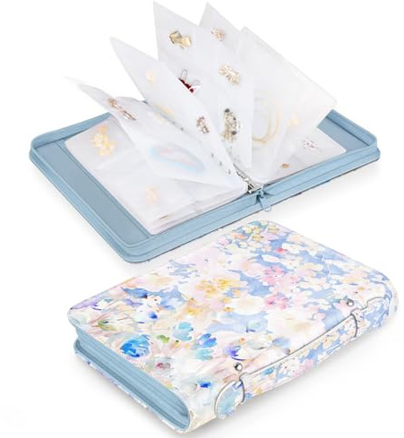 SKYREH Jewelry Travel Organizer Case, PU Leather Portable Jewelry Storage Book with Transparent Pockets Zipper Bag for Necklaces, Earrings, Bracelets(48 Grids+48 Thicken PVC Bags),WatercolourBlossoms