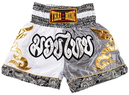 MUAY NATION Muay Thai Shorts for Men Women Slim Cut MMA Boxing Shorts Training Kickboxing Clothing Martial Arts Trunks (M, White/Grey)