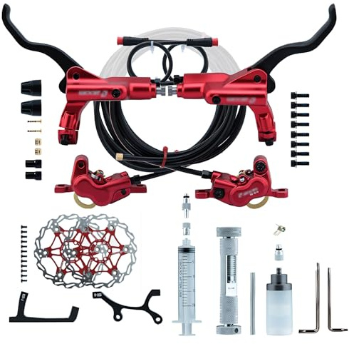 HZXQCVB 4-Pistons E-Bike Hydraulic Brake Set With 160mm/180mm/203mm Rotors 2-PIN Power-Off Disc Brake Set Alu Caliper Lever For Electric Bicycles Include 2300mm Hose(Red,203mm)