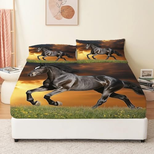 Spannbetttuch-Set Tier Gras Pferd Bedrucktes, 180 x 200 cm Weiches Microfaser Spannbettlaken Für Kinder Teenager, Dunkelbraun Tiefe Tasche Spannbetttucher Mit 2 Kissenbezügen