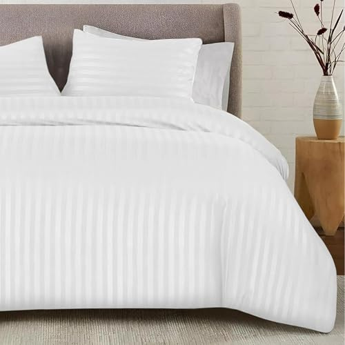 SSW HOMES King Size påslakanset satinränder påslakan sängkläder set med örngott allergivänlig ultramjuk mikrofiber (vit, 220 x 230 cm)