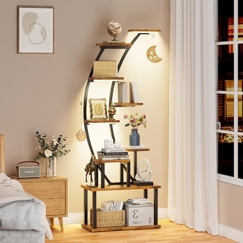 BECOKOME Libreria con luci, altezza 160 cm, scaffale per libri a 9 livelli per oggetti da collezione, espositore nero con luce, scala a mezza luna, supporto per libri per camera da letto e soggiorno