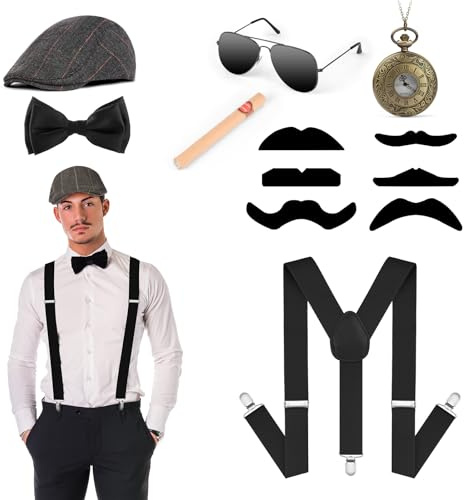 ACWOO Set Accessori Anni 20 per Uomo, 7 Pezzi Costume Mafia Carnevale, Gatsby Gangster Costume Accessori con Cappello Uomo, Elastica Bretella Y-Back, Baffi Finti, Papillon, per Natale Halloween Festa