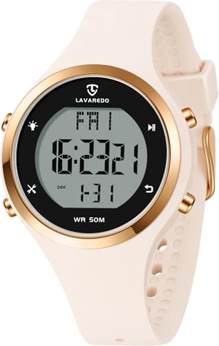 caprock Digitaluhren für Damen mit LED-Anzeige, 5 ATM wasserdichte Damen-Sportuhr, modische Armbanduhr mit Alarm/Stoppuhr/Leuchtend/Countdown/Datum-Off-White Schwarz