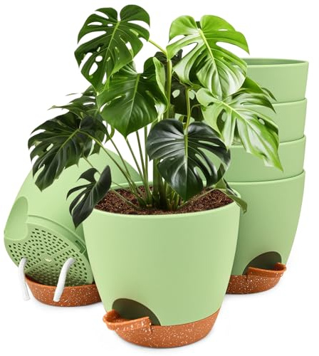 LustLocke 6-pack blomkruka, planteringskruka självbevattnande 15,2 cm, med brun tefat, bevattningsöppning, bomullssnöre, lämplig för inomhus- och utomhusträdgårdar