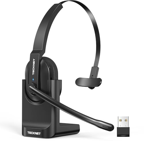 TECKNET V5.2 Bluetooth Headset mit Mikrofon, Wireless Headset mit Ladestation, MIC ENC Noise Cancelling kopfhörer, USB-Dongle, On-Ear Headset kabellos für Trucker/Callcenter/Büro – 60+ Std. Akku