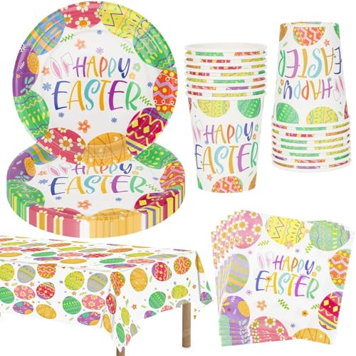 MestectPET 57 Pcs Easter Party Tableware Set, Paper Plates Cups Napkins Tablecloth for 16 Guests, Colorful Easter Eggs Design Dinnerware for Spring, Home Party Supplies, Holiday Table Decoration