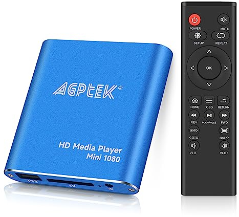 HD Media Player, AGPTEK Mini 1080p Full-HD Ultra HDMI Digital Media Player with Remote Control for -MKV/RM- HDD USB Drives and SD Cards (Blue)