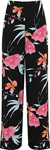 WearAll Women's Plus Wide Leg Floral Print Palazzo Trousers Ladies Pants Flared Harem - Black - 12-14