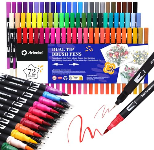 Artecho Dual Tip Colouring Pens, 72 Colours, Fine Felt Tip Pens, Drawing Markers, Brush Pen Set Suitable for Adult Colouring Books, Calligraphy, Drawing and Sketching - Art Supplies for Women and Men