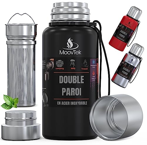 Termo té con infusor y taza doble pared de acero inoxidable 304 - Botella isotérmica de 500 ml con filtro extra largo ideal para té, café y agua (‎Negro)