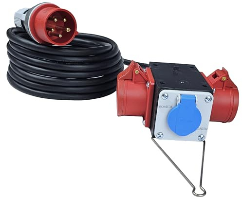 RoadEu - Distribuidor de Corriente con Salidas CEE - Adaptador Industrial 380V y 230V 16Adistribuidor móvil, Cable de Goma de 10m. Ideal para Taller, Cobertizo y Fábricas