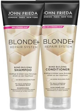 John Frieda Blonde+ Repair System Vorteilspack - Shampoo, 250 ml & Conditioner, 250 ml - Bond Building Plex - Für durch Aufhellung geschädigtes Haar - Bildet neue Brücken direkt an der Haarfaser