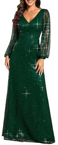 Ever-Pretty Abiti da Sera Donna Elegante Manica Lunga Slim Vita Alta Brillantini Tulle Vestito da Cerimonia Maxi Lungo Abita da Cocktail Verde Scuro 50
