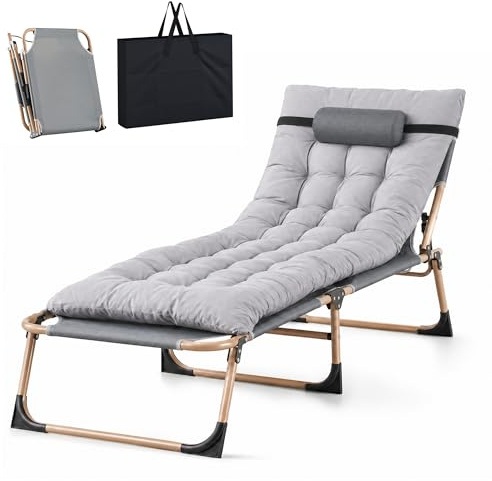 LSLIFE Folding Sun Loungers Recliners with Cushion, Adjustable Patio Folding Outdoor Sun Beds Reclining Chairs Perfect for Sunbathing, Camping, Pool, Beach, Patio (Grey)