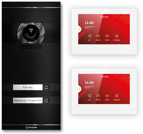 Metzler VDM10 2.0 Video Sprechanlage Komplett Set mit austauschbarem Namensschild - Anschluss 2-Draht - Türsprechanlage mit HD-Kamera und Bildschirm für 2 Familienhaus, in Schwarz aus V2A Edelstahl
