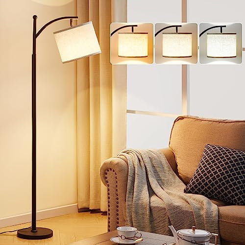 PreeOtti Stehlampe Wohnzimmer, Moderne Stehleuchte mit 3 Farbtemperaturen, LED Standleuchte Hoch mit Verstellbarem Leinenschirm, Stehlampe Vintage für Wohnzimmer Schlafzimmer Büro (Birne Enthalten)