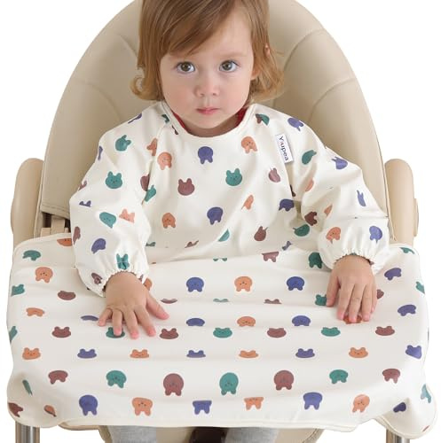 Yiupea Baby Bibs with Long Sleeves Specialized for Use in High Chair for 6 to 24 Months Toddlers, Waterproof Easy to Clean Baby Weaning Bib and Machine Washable, PU Soft Material&Elastic BLW-Yellow