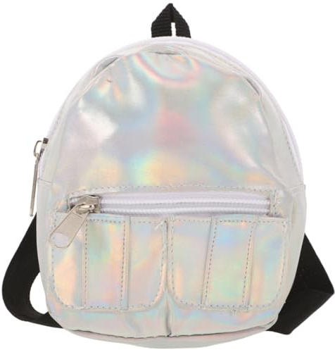 ibasenice Silver Iridescent Doll Backpack 18-Inch – Holographic Mini Rucksack Holds Books & Toys, Lightweight for School, Fits 18 Girl Dolls