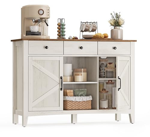 VASAGLE Küchenschrank, Sideboard mit Schubladen, Aufbewahrungsschrank mit Türen, verstellbare Ablage, Landhausstil, für Wohnzimmer Küche, 40 x 114,5 x 80 cm, vintageweiß-honigbraun BBK371W02V1