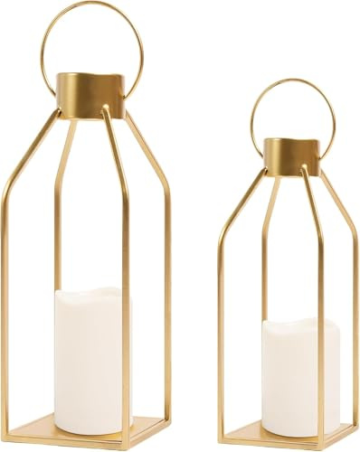 Dekor modern bondgårdslykta, 2-pack metallljuslykta främre veranda dekor för hem, vardagsrum, öppen spis, inget glas för inomhus utomhusdekorationer (exklusive ljus) (gyllene)