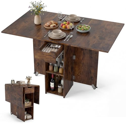 GIANTEX Fällbart bord kök, fällbart matbord liten, mobilt köksbord med 2 hjul, 120 x 72 x 75 cm, matbord för 4–6 personer, utfällbart bord för små utrymmen, köksbord, trä med låda