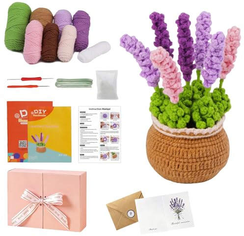 Crochet Kit for Beginners Adults, Crochet Potted Flowers Kit, DIY Complete Flowers Knitting Kit with Gift Box Card & Step-by-Step Video Tutorials for Mother, Valentine, Birthday, Christma（Lavender）