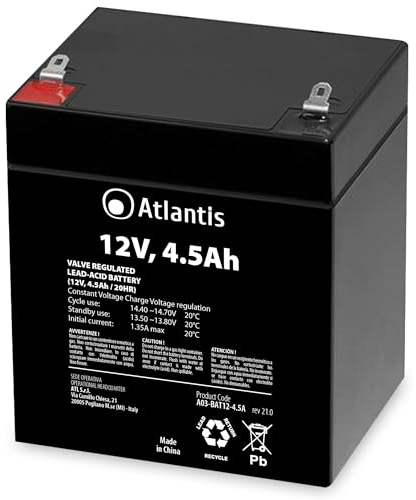Batterie Atlantis 12v 4.5 ah au Plomb scellé (VRLA), Convient pour UPS(onduleur), vidéosurveillance, systèmes d'alarme, mobilité électrique, Jouets, Attache faston F2 6.3mm, A03-BAT12-4.5A