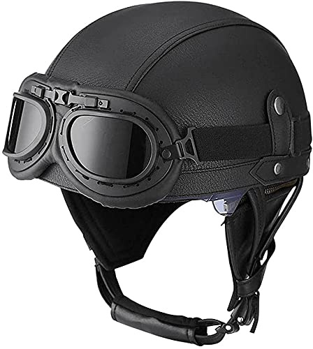 CFZWJ Motorcykelhjälm i retrostil, halvhjälm, unisex, PU-läder, motorcykelhjälmar med vintage-glasögon, årstider, utomhus-åkning, skoter, moped, DOT-godkänd hjälm