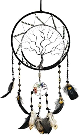 7 Chakren Baum des Lebens Traumfänger Wanddekoration mit Regenbogen Heilung Kristall Stein Handmade Black Feather DreamCatchers Wand hängende Ornamente für Schlafzimmer Decor Segen Geschenk Hochzeit