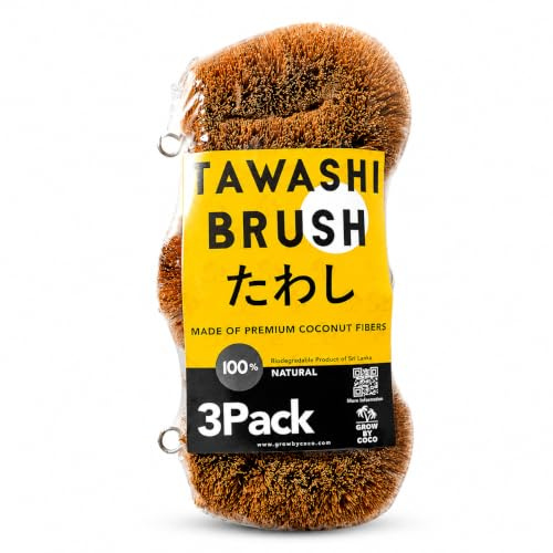 GrowByCoco Pack of 3 Tawashi Vegetable Scrub Brush,100% Natural Coconut Coir Fiber VegetableBrush, Ideal for Fruit Scrub, Kitchen Cleaning Needs, Kamenoko Japanese Design
