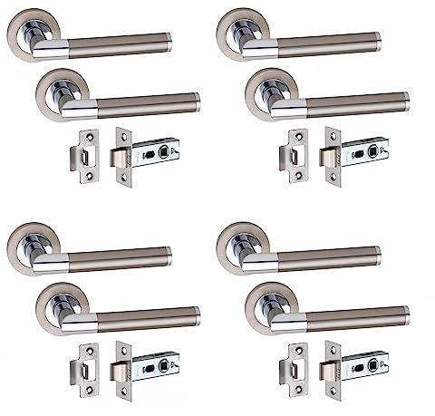 Golden Grace Mitred Design Door Handles on Round Rose in Satin Nickel Polished Chrome Finish with 2.5 Tubular Latch, 4 Pairs - 52mm Diameter