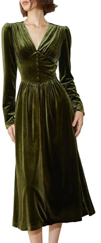 xxxiticat Women's Puff Sleeve Velvet Dress Long Lantern Sleeve V Neck Button Ruffle Pleated Single Breast Maxi Party Dress(GR,M)