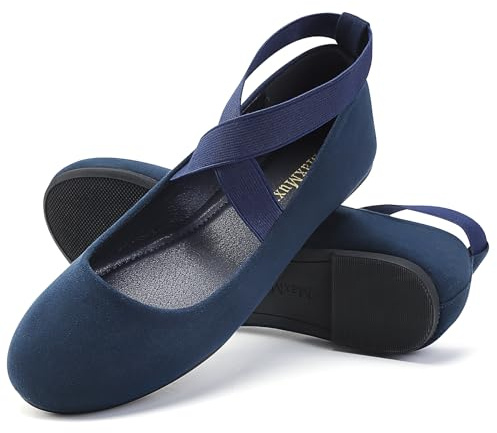 MaxMuxun Bailarinas clásicas para mujer elegantes zapatos planos para mujer con correa cruzada elástica cómoda zapatos de bailarina planos para mujer, azul marino, 39 EU