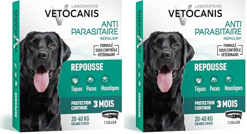 Vetocanis - Collier Répulsif Puces Tiques Moustiques - Protection 3 Mois - Grand Chien 20 à 40 kg - Extraits Naturels Margosa et Lavandin