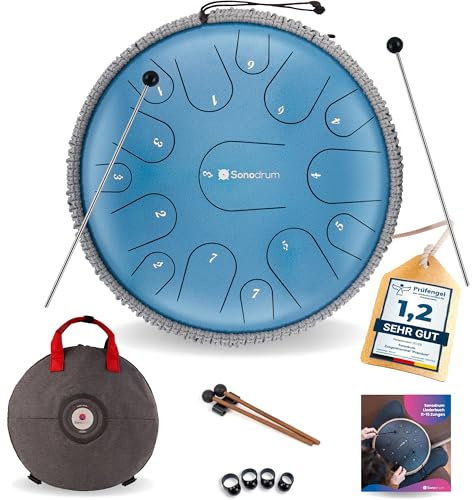 Sonodrum Steel Tongue Drum « Premium » do majeur en bleu - 14 pouces avec 15 sons - Tambour à langue en acier avec livre de partitions, mailloches et sac. Savoir jouer des notes n'est pas nécessaire.