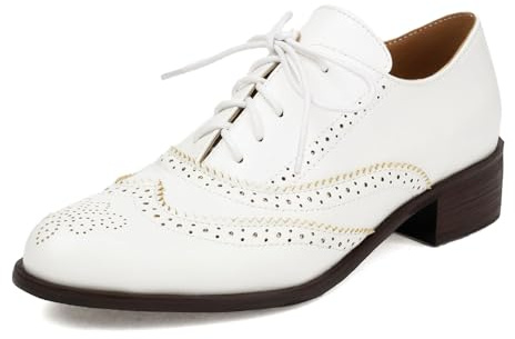 SHEMEE Women's Chunky Low Heels Oxfords Saddle Shoes Creeper Vintage Wingtip Brogues Perforated Flats Lace Up Pumps White,US 7.5