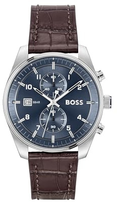 BOSS Chronograph Quarz Uhr für Herren Kollektion SKYTRAVELLER mit Dunkel-Braunes Lederarmband - 1514194