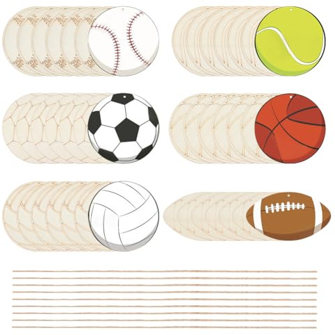 OLYCRAFT 42 ritagli in legno a tema sportivo, 6 stili, 2 mm di spessore, palla da calcio, pittura, graffiti, trucioli di legno non finiti, ritagli di palla sportiva in legno non colorato, per